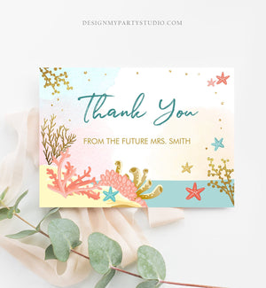 Editable Beach Themed Bridal Shower Thank You Card Nautical Thank You Note Summer Starfish Coral Gold Printable Template Download Corjl 0129
