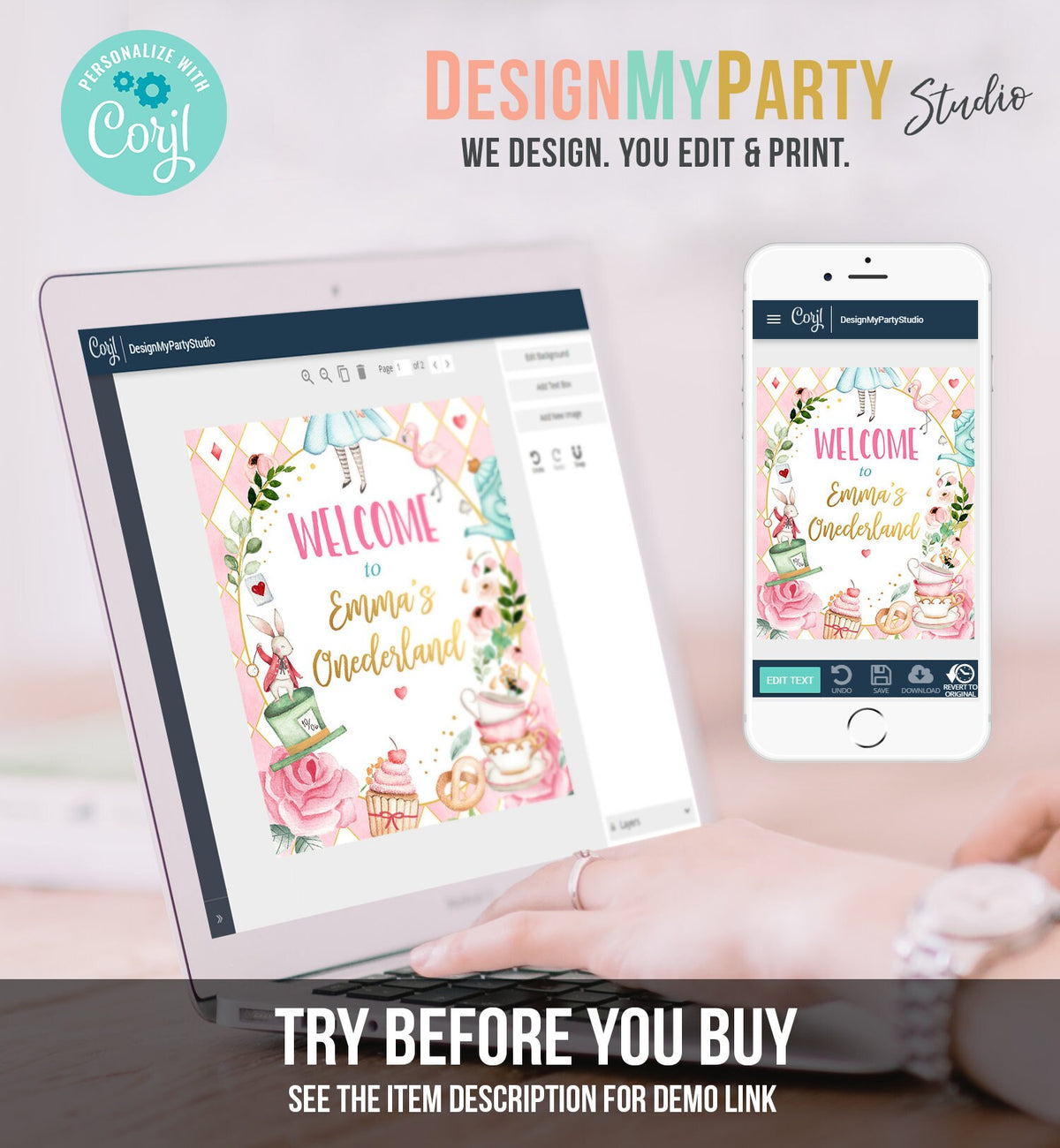 Editable Alice in Wonderland Welcome Sign Alice in Onederland Birthday Sign Girl Pink Mad Tea Party Shower Template Corjl PRINTABLE 0350