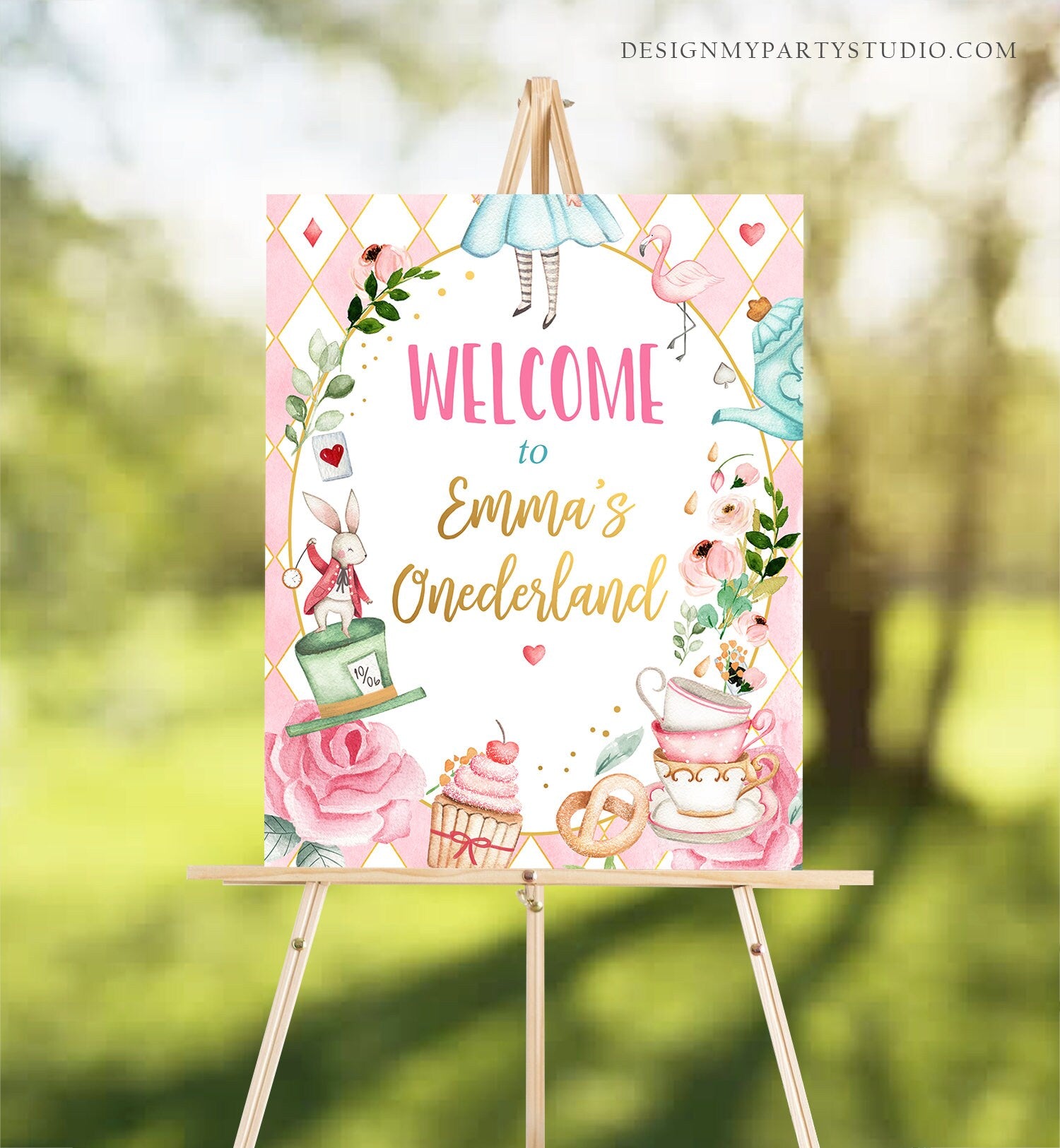 Editable Alice in Wonderland Welcome Sign Alice in Onederland Birthday Sign Girl Pink Mad Tea Party Shower Template Corjl PRINTABLE 0350