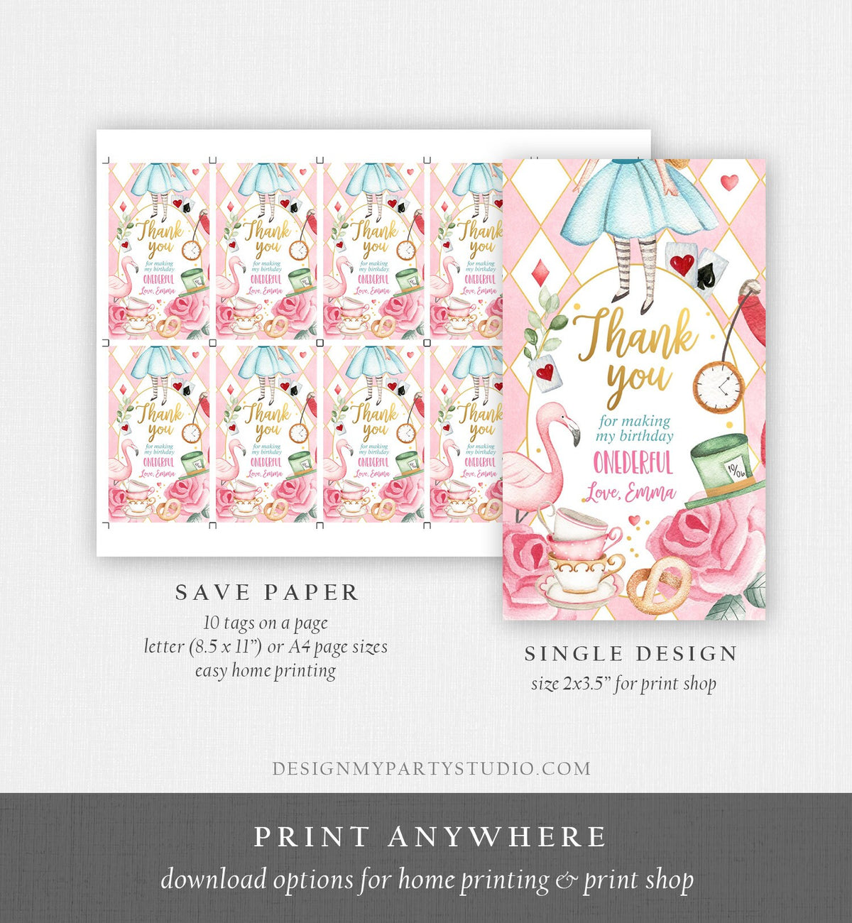 Editable Alice in Wonderland Favor Tags Alice in Onederland Thank You Tags Girl 1st Birthday Tea Party Gift Tag Digital Corjl Template 0350