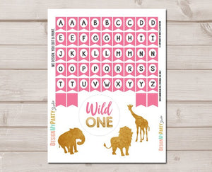 Wild One Cake Topper First Birthday Safari Animals Name Banner Girl Pink Gold Jungle Birthday Zoo party decor PRINTABLE Digital 0016