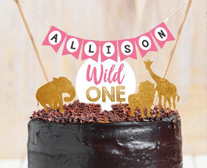 Wild One Cake Topper First Birthday Safari Animals Name Banner Girl Pink Gold Jungle Birthday Zoo party decor PRINTABLE Digital 0016