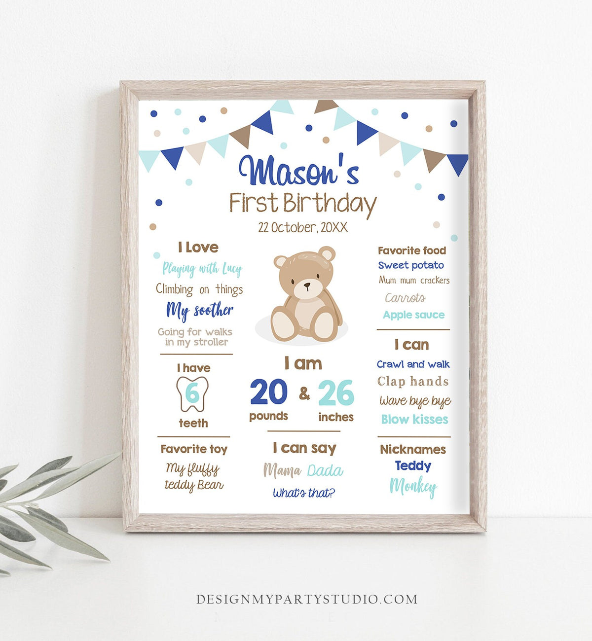 Editable Teddy Bear Birthday Milestones Sign Teddy Bear Picnic Birthday First Birthday Boy Little Cub Download Corjl Template Printable 0100