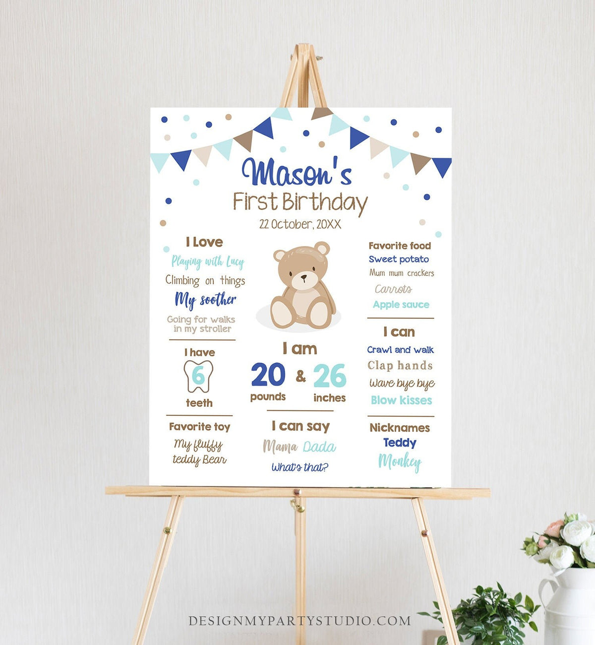 Editable Teddy Bear Birthday Milestones Sign Teddy Bear Picnic Birthday First Birthday Boy Little Cub Download Corjl Template Printable 0100