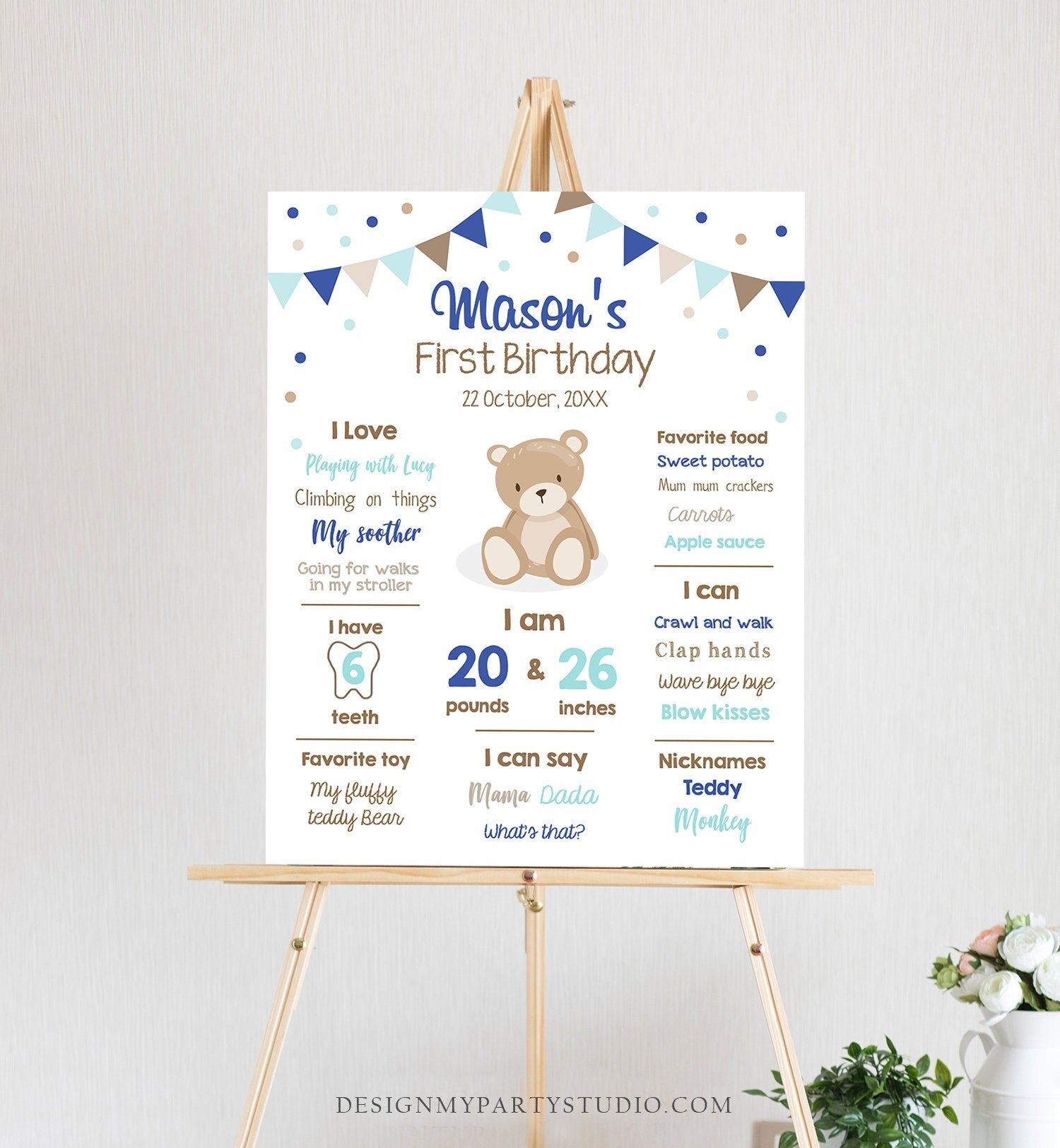 Editable Teddy Bear Birthday Milestones Sign Teddy Bear Picnic Birthday First Birthday Boy Little Cub Download Corjl Template Printable 0100