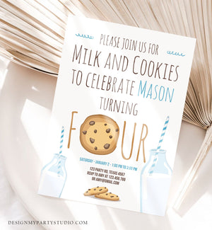 Editable Milk and Cookies Birthday Invitation Milk & Cookies Party Boy 1st 2nd 3rd 4th Birthday Blue Printable Download Template Corjl 0088
