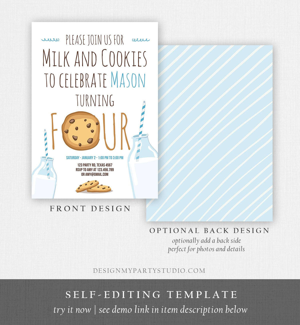 Editable Milk and Cookies Birthday Invitation Milk &amp; Cookies Party Boy 1st 2nd 3rd 4th Birthday Blue Printable Download Template Corjl 0088