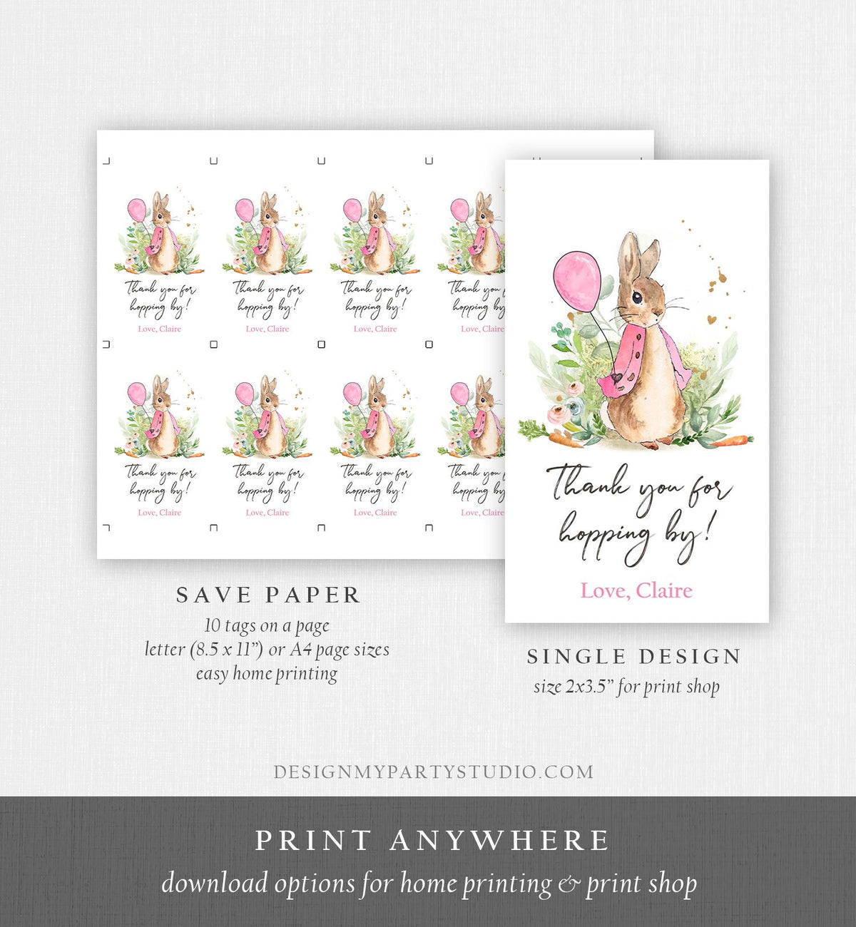 Editable Flopsy Bunny Favor Tags Bunny Thank you Tags Girl Birthday Labels Thanks Hopping By Printable Instant Download Corjl Template 0351