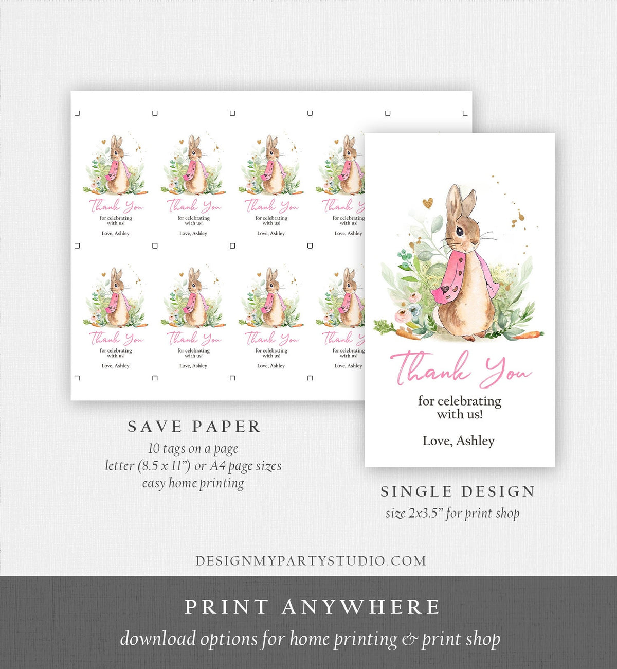 Editable Flopsy Bunny Baby Shower Favor Tags Bunny Thank you Tags Pink Girl Shower Labels Watercolor Printable Download Corjl Template 0351