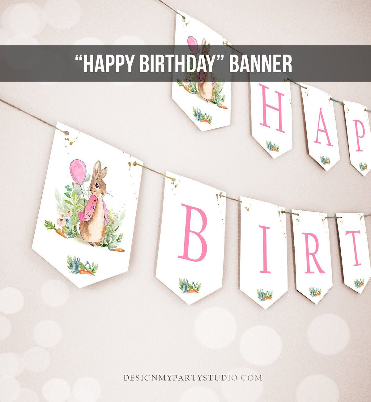 Flopsy Rabbit Happy Birthday Banner Peter Rabbit Banner Birthday Girl Pink Bunny Party Decora Instant download PRINTABLE DIGITAL DIY 0351