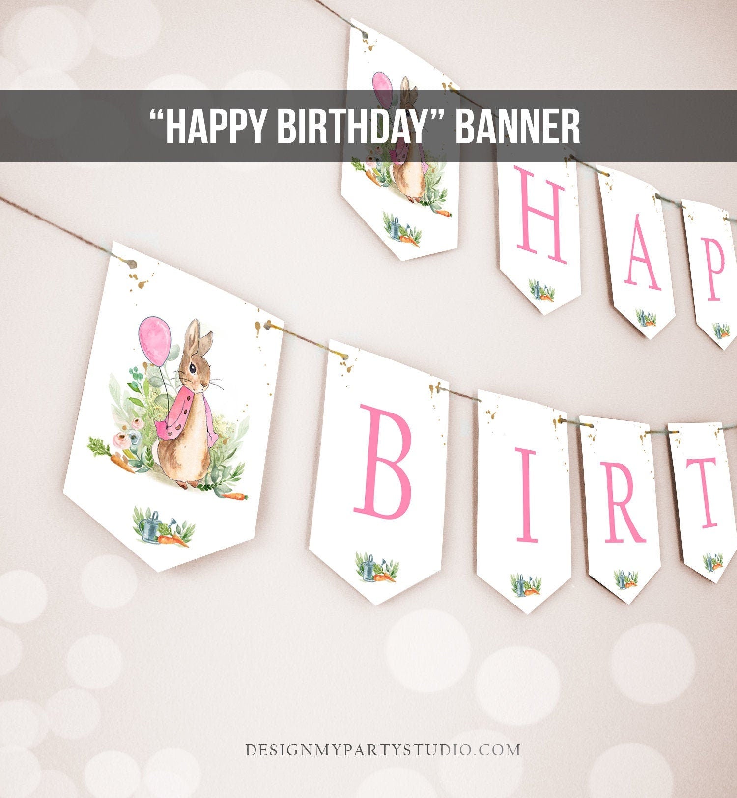 Flopsy Rabbit Happy Birthday Banner Peter Rabbit Banner Birthday Girl Pink Bunny Party Decora Instant download PRINTABLE DIGITAL DIY 0351