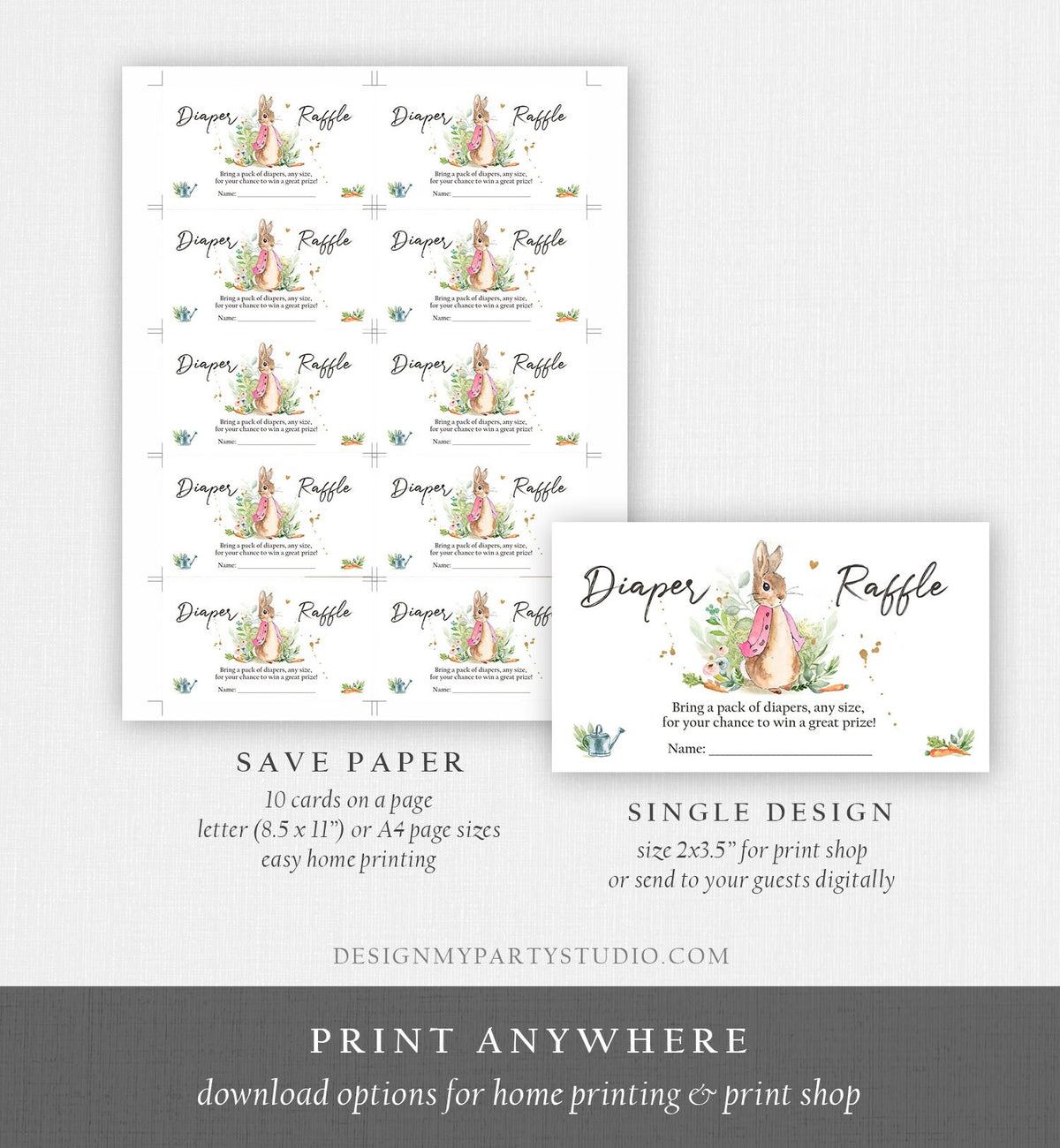 Editable Diaper Raffle Ticket Flopsy Bunny Diaper Game Card Peter Rabbit Baby shower insert Pink Girl Download Template Corjl PRINTABLE 0351