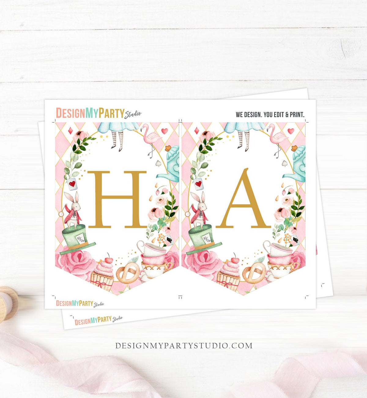 Alice in Onederland Happy Birthday Banner Alice in Wonderland Bunting Girl Pink Mad Hatter Tea Party Decor Garland PRINTABLE Digital 0350