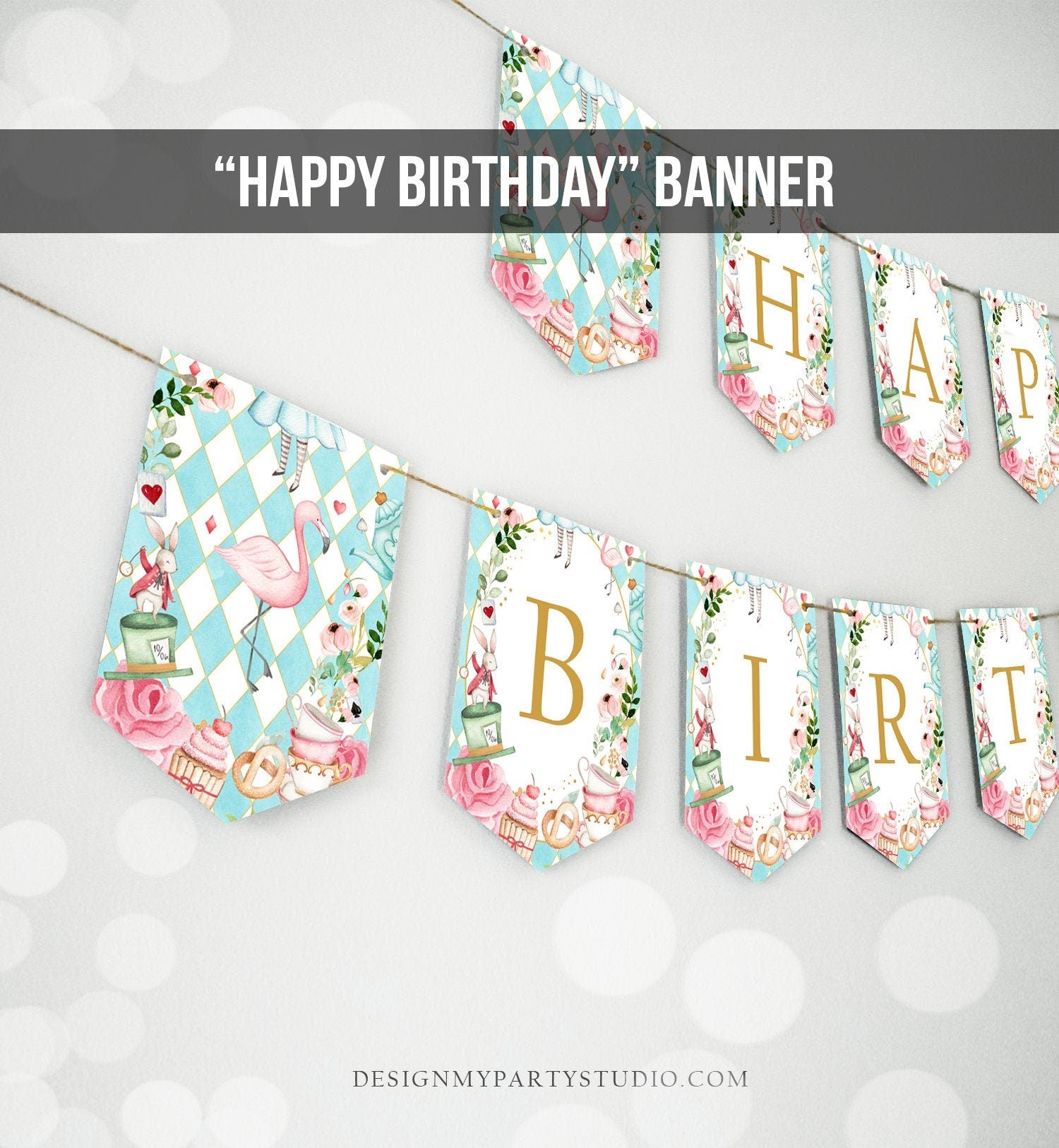 Alice in Onederland Happy Birthday Banner Alice in Wonderland Bunting Girl Pink Mad Hatter Tea Party Decor Garland PRINTABLE Digital 0350