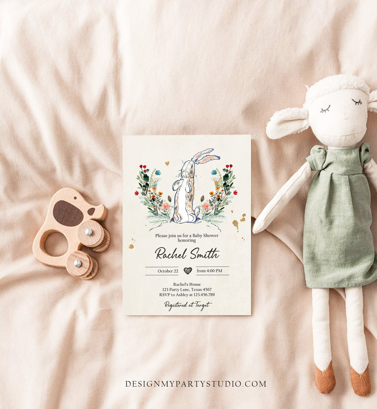 Editable The Velveteen Rabbit Baby Shower Invitation Rustic Rabbit Birthday Vintage Invite Watercolor Digital Corjl Template Printable 0394