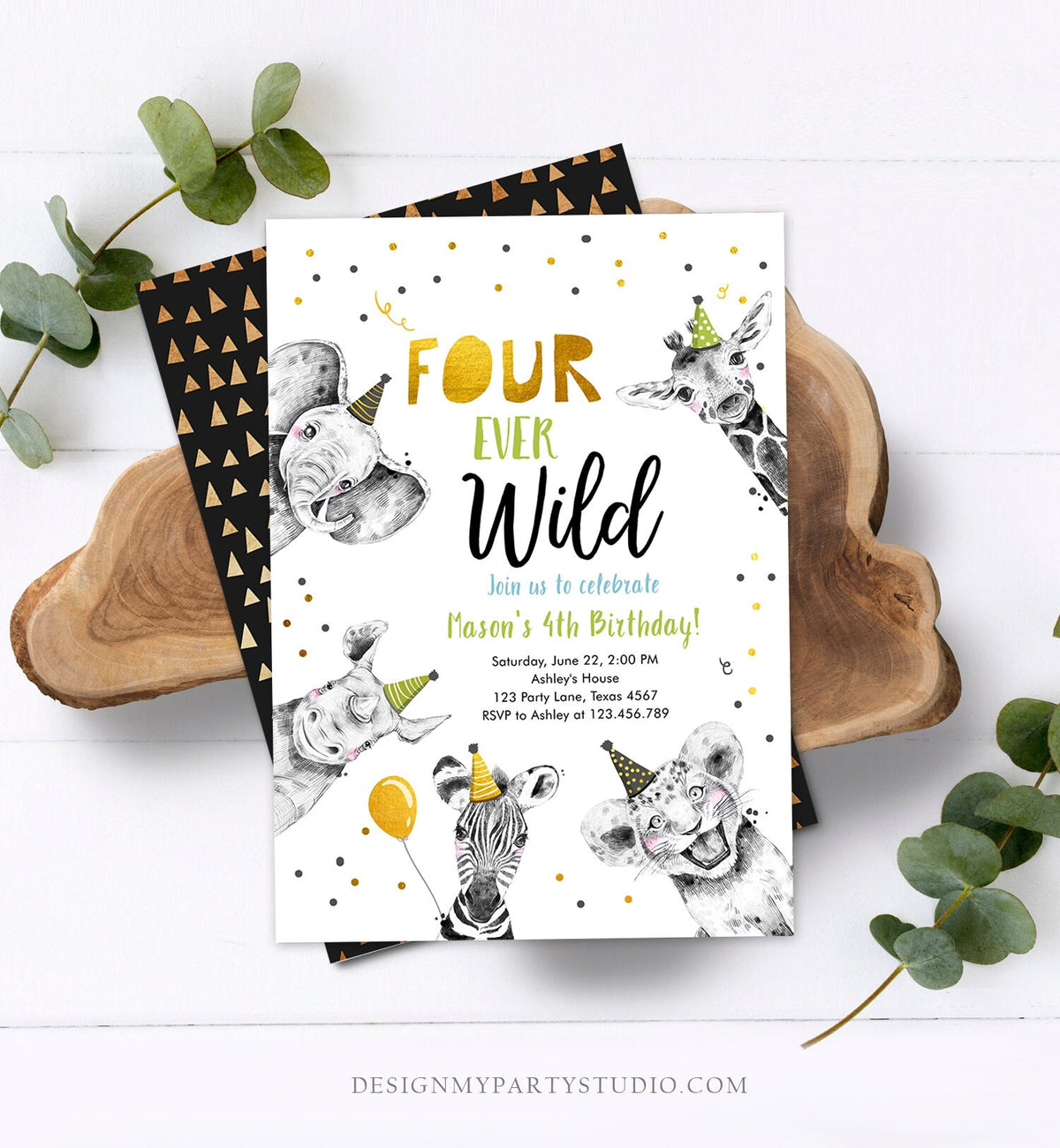 Editable Four Ever Wild Birthday Invitation Boy Green Gold Safari Party Animals Fourth Birthday 4th Printable Template Digital Corjl 0390