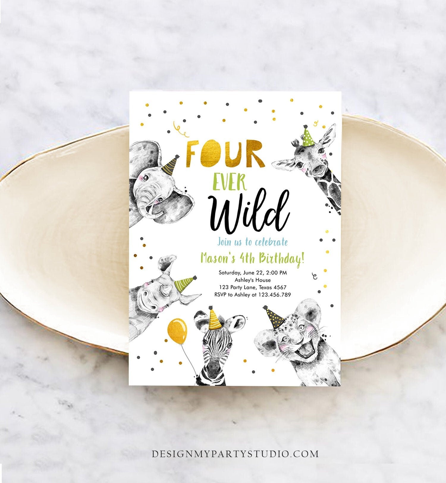 Editable Four Ever Wild Birthday Invitation Boy Green Gold Safari Party Animals Fourth Birthday 4th Printable Template Digital Corjl 0390