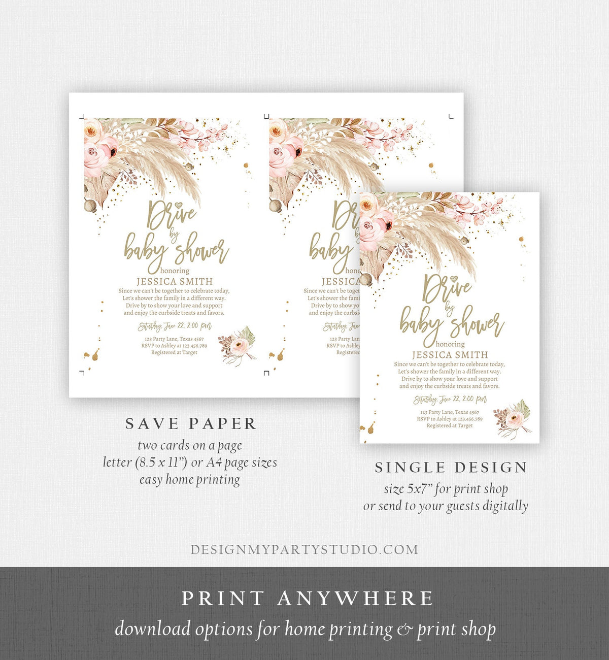Editable Drive By Pampas Grass Baby Shower Invitation Boho Drive By Bohemian Shower Neutral Tropical Download Printable Template Corjl 0395