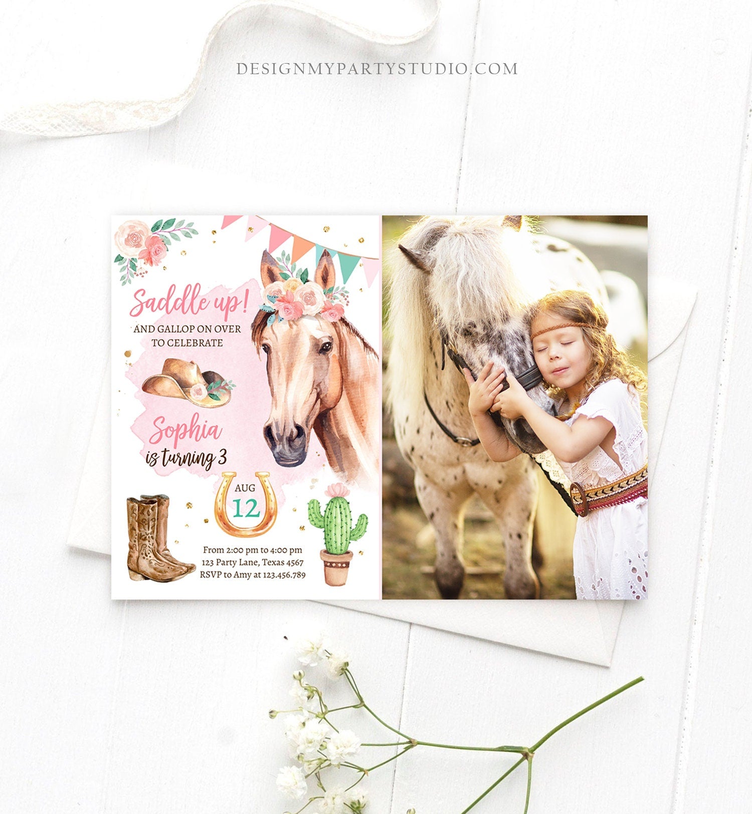 Editable Cowgirl Birthday Invitation Girl Saddle Up Watercolor Horse Party Horse Birthday Invite Pink Download Printable Template Corjl 0398