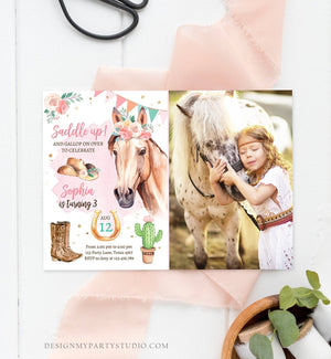 Editable Cowgirl Birthday Invitation Girl Saddle Up Watercolor Horse Party Horse Birthday Invite Pink Download Printable Template Corjl 0398