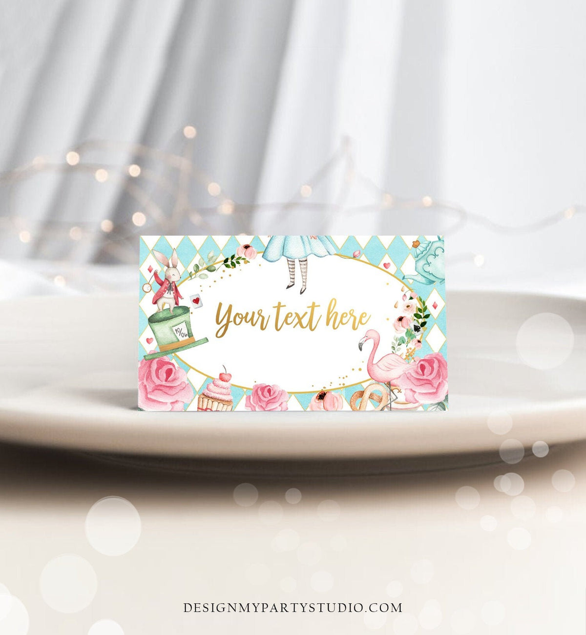 Editable Alice in Wonderland Food Labels Alice Place Card Tent Card Escort Card Girl Blue Tea Party Onederland Printable Corjl Template 0350