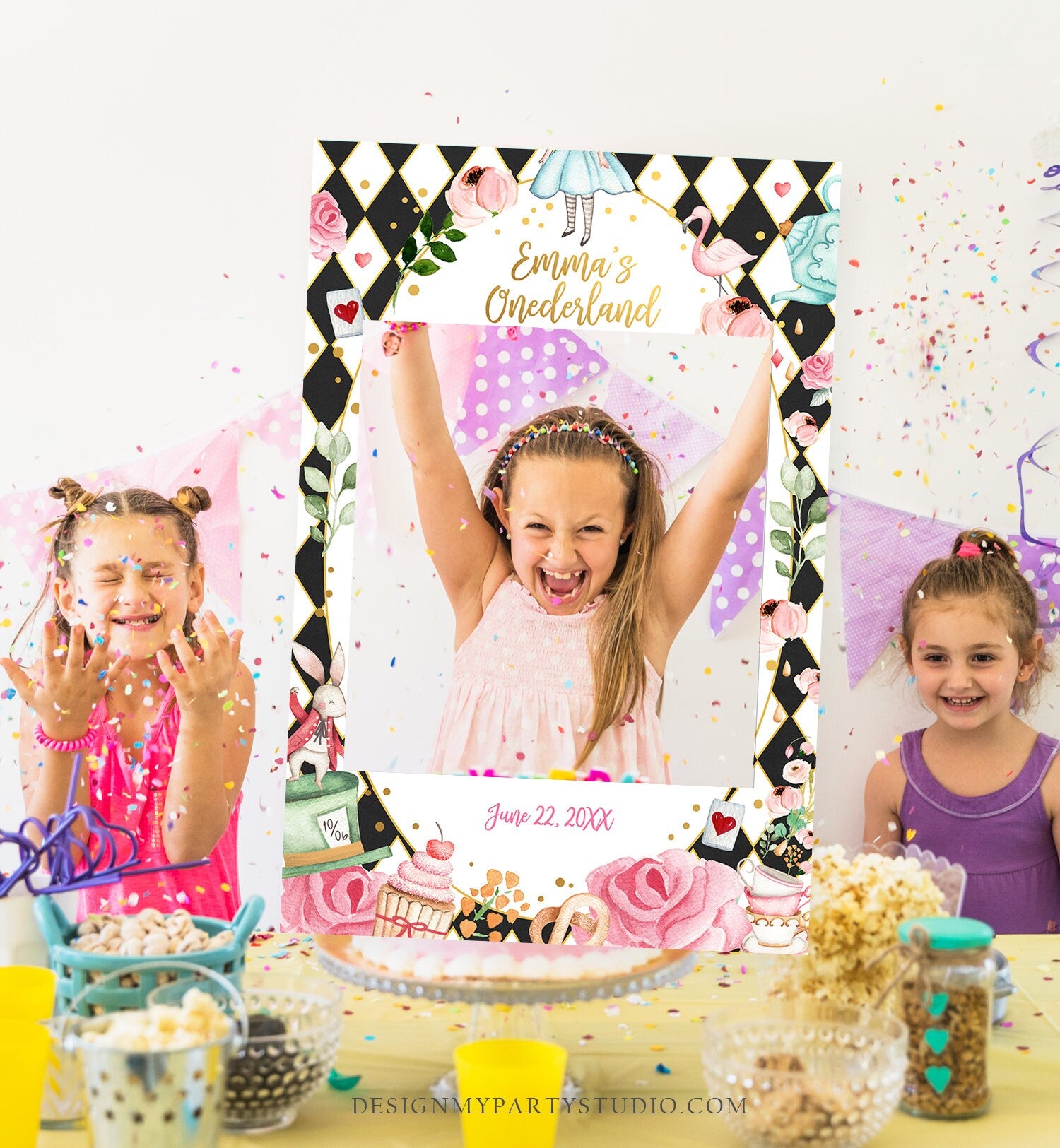 Editable Alice in Onederland Birthday Photo Prop Frame Alice in Wonder - Design My Party Studio editable-alice-in-onederland-birthday-photo-prop-frame-alice-in-wonder-design-my-party-studio