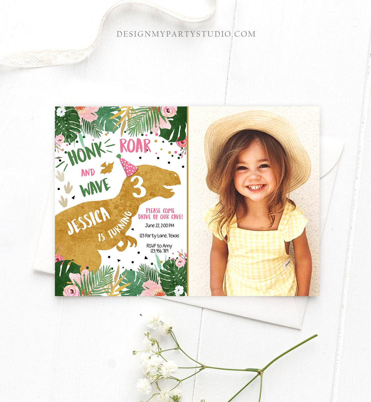 Editable Dinosaur Drive By Birthday Parade Invitation Virtual Party Invite Honk Car Girl Dino T-Rex Quarantine Download Digital Corjl 0146