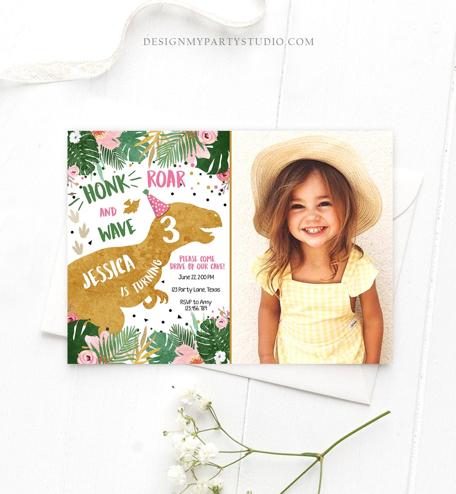 Editable Dinosaur Drive By Birthday Parade Invitation Virtual Party Invite Honk Car Girl Dino T-Rex Quarantine Download Digital Corjl 0146