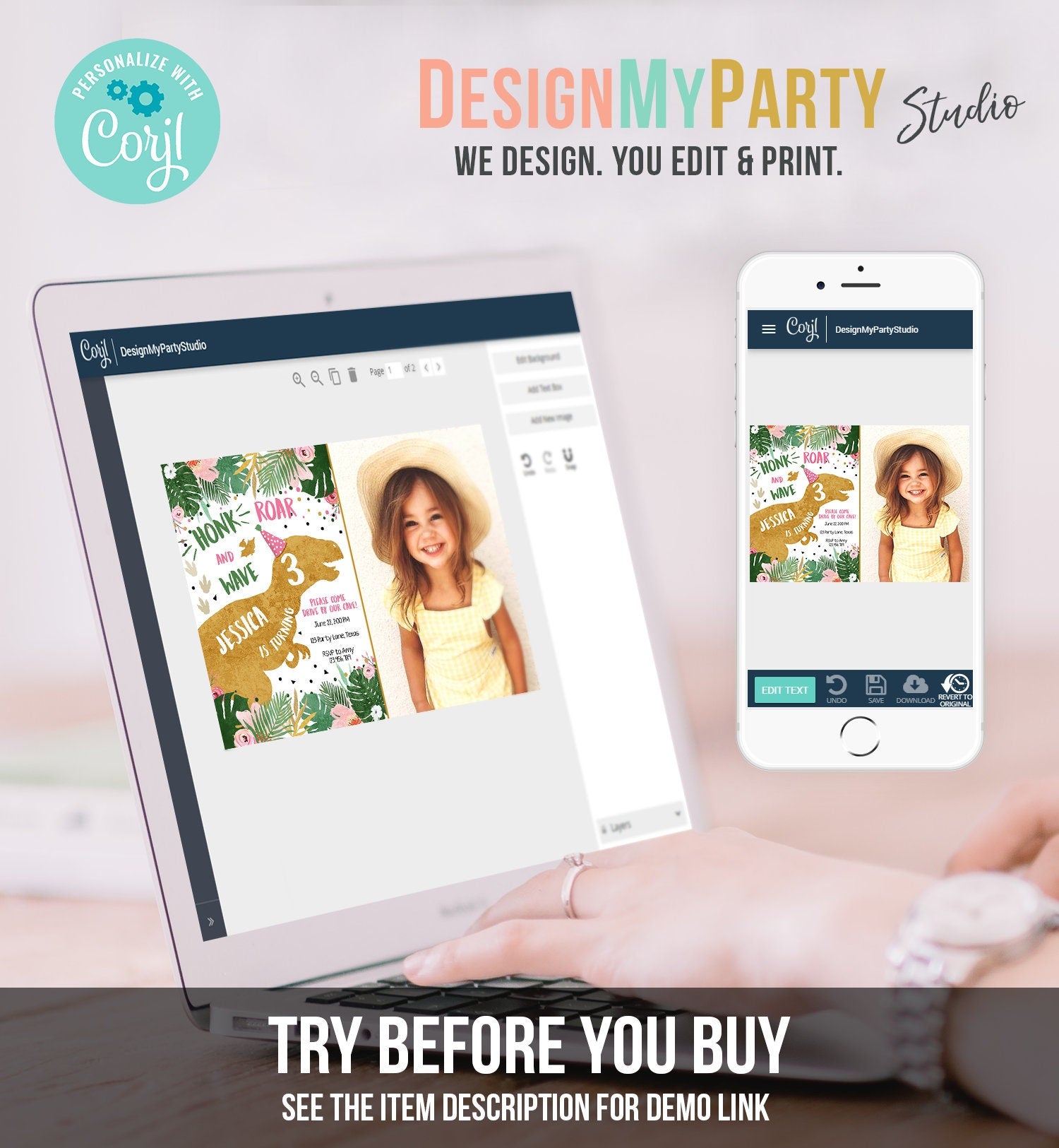 Editable Dinosaur Drive By Birthday Parade Invitation Virtual Party Invite Honk Car Girl Dino T-Rex Quarantine Download Digital Corjl 0146