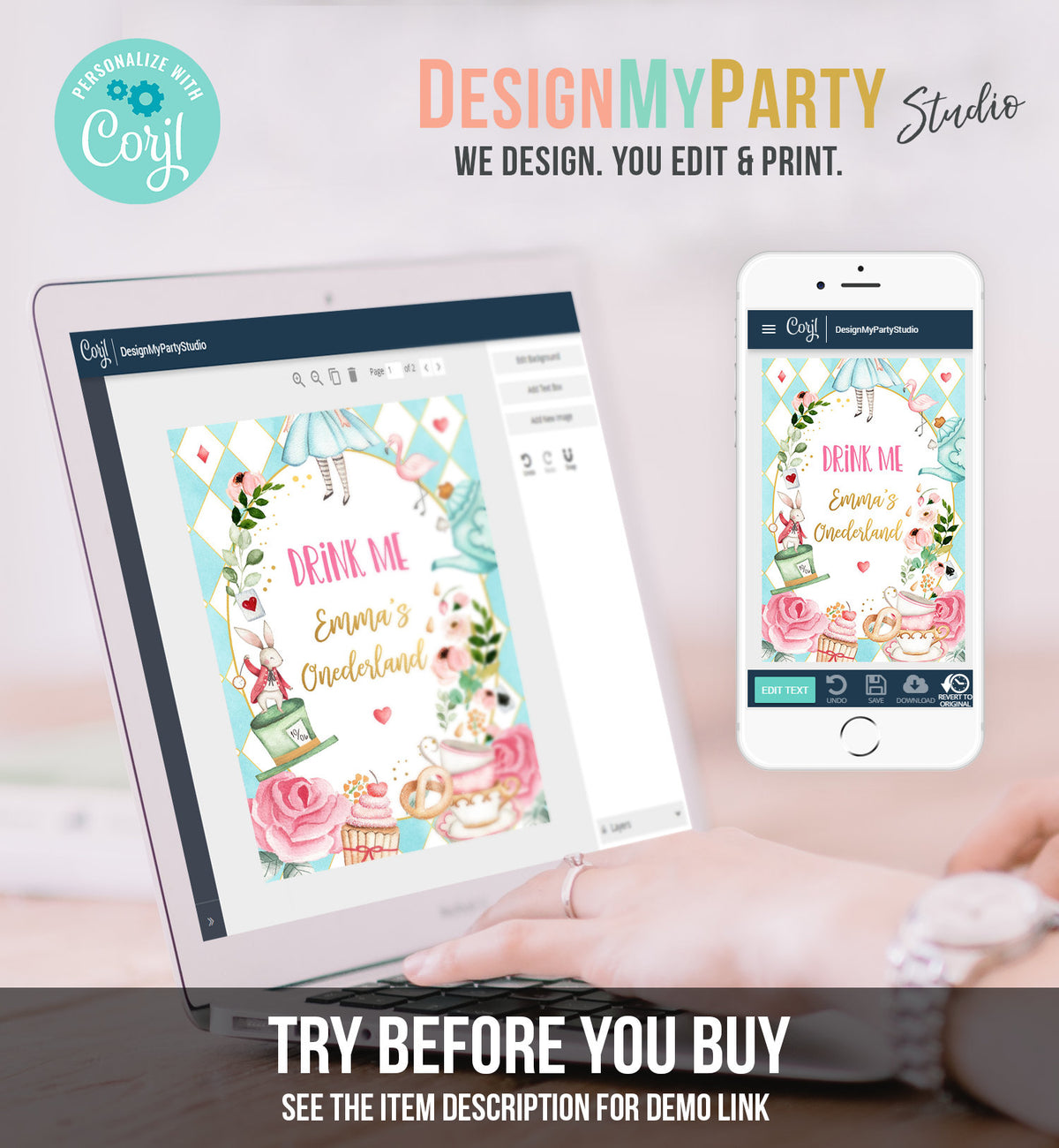 Editable Alice in Onederland Capri Sun Labels Juice Pouch Labels Alice in Wonderland Girl Birthday Download Corjl Template Printable 0350