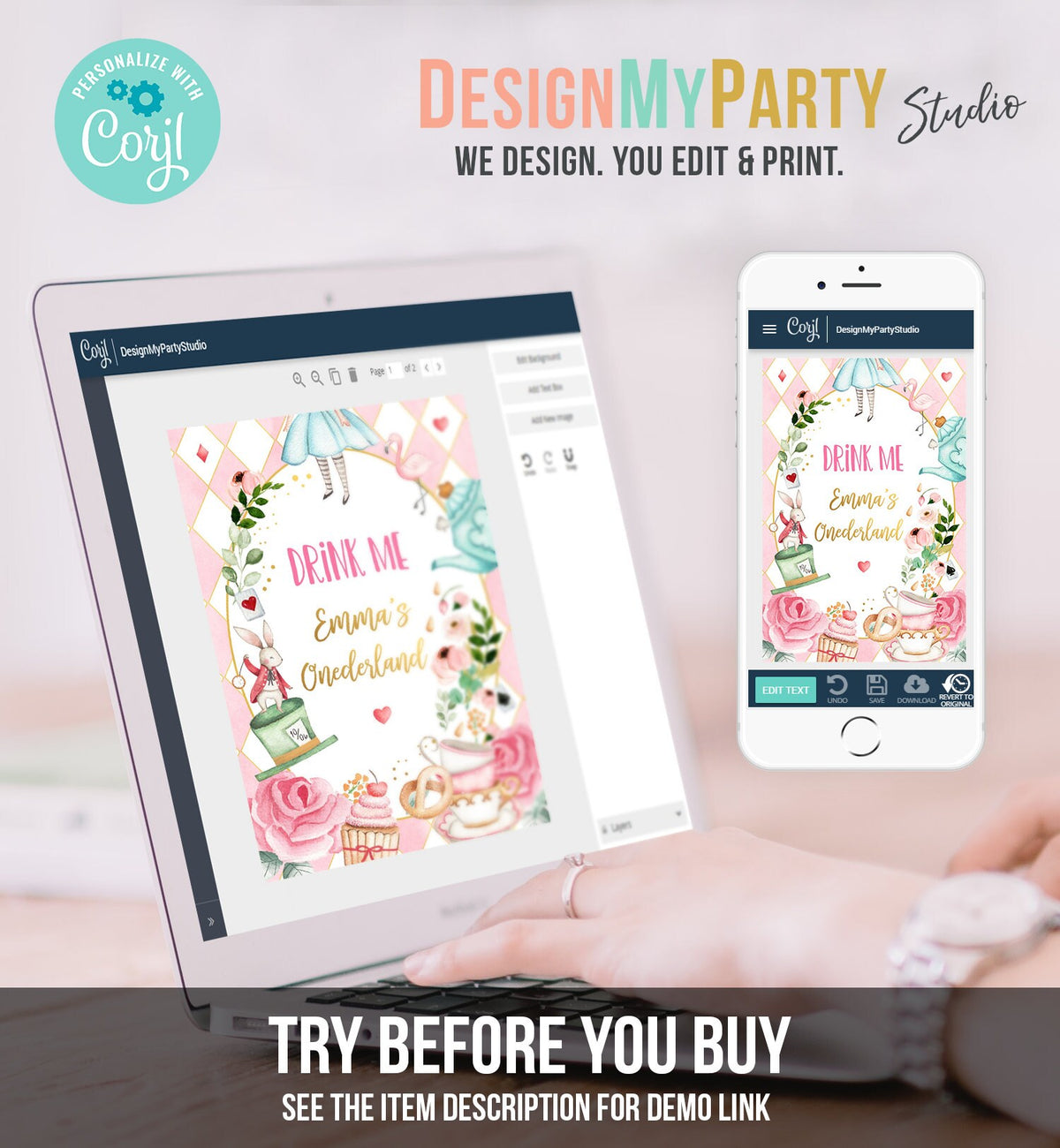 Editable Alice in Onederland Capri Sun Labels Juice Pouch Labels Alice in Wonderland Girl Birthday Download Corjl Template Printable 0350