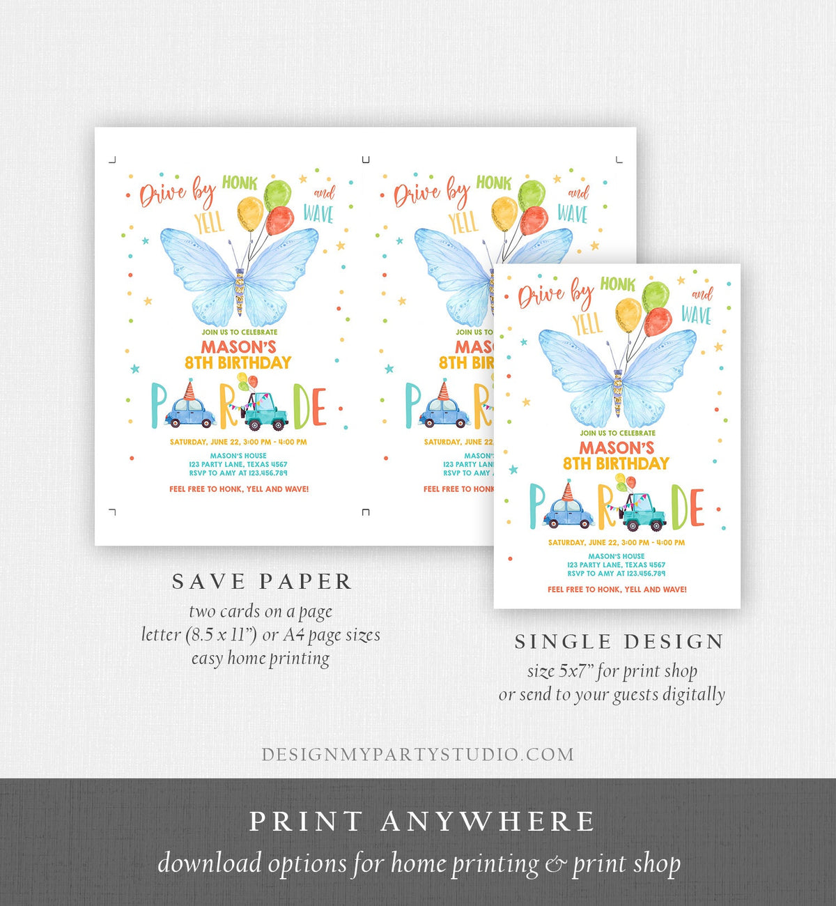 Editable Butterfly Drive By Birthday Parade Invitation Virtual Party Invite Honk Wave Car Boy Blue Quarantine Download Digital Corjl 0162