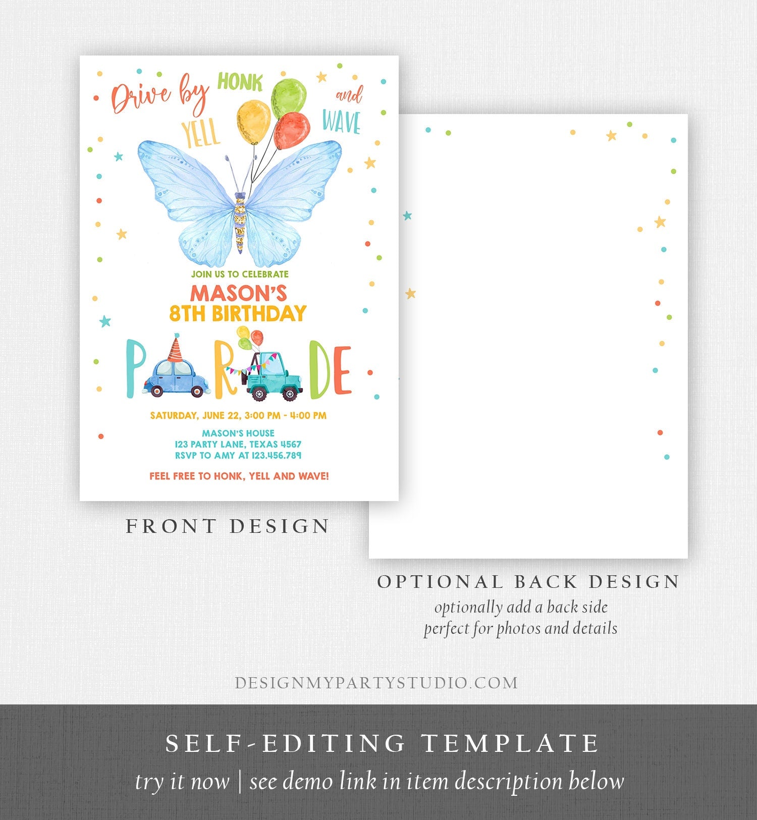 Editable Butterfly Drive By Birthday Parade Invitation Virtual Party Invite Honk Wave Car Boy Blue Quarantine Download Digital Corjl 0162