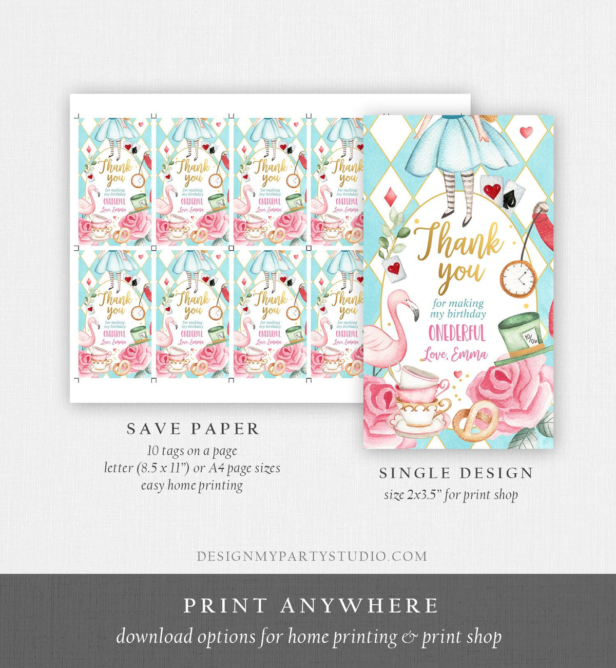 Editable Alice in Wonderland Favor Tags Alice in Onederland Thank You Tags Girl 1st Birthday Tea Party Gift Tag Digital Corjl Template 0350