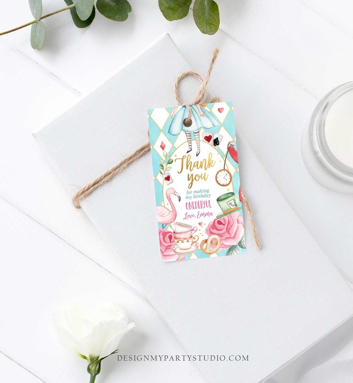 Editable Alice in Wonderland Favor Tags Alice in Onederland Thank You Tags Girl 1st Birthday Tea Party Gift Tag Digital Corjl Template 0350
