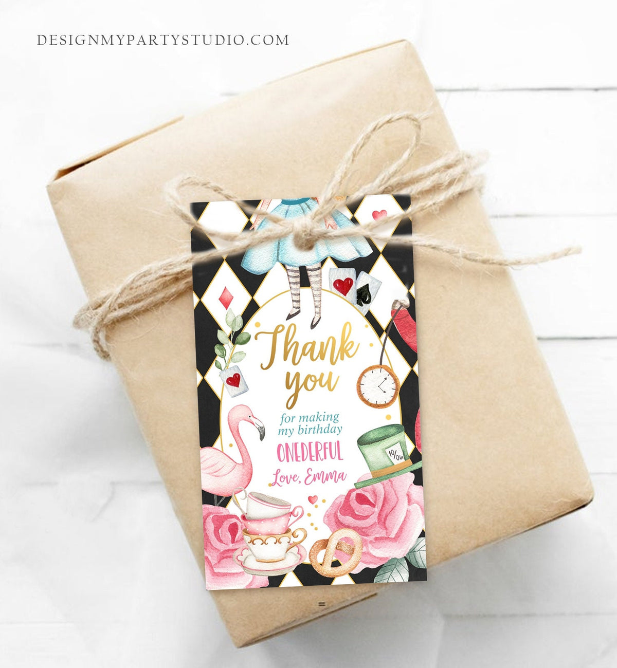 Editable Alice in Wonderland Favor Tags Alice in Onederland Thank You Tags Girl 1st Birthday Tea Party Gift Tag Digital Corjl Template 0350