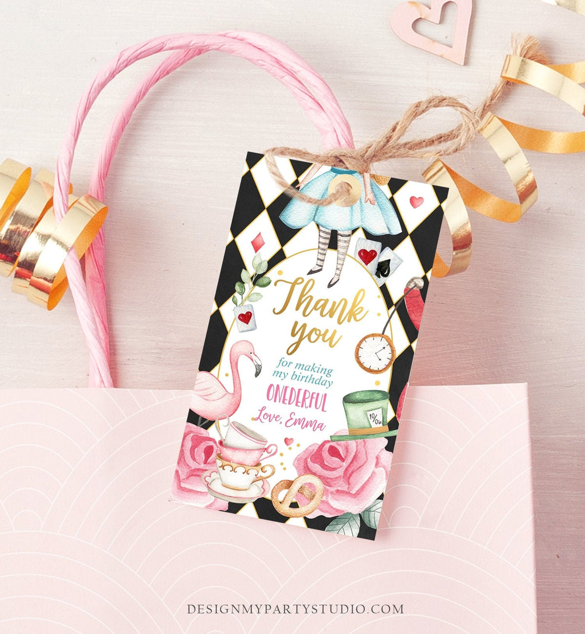 Editable Alice in Wonderland Favor Tags Alice in Onederland Thank You Tags Girl 1st Birthday Tea Party Gift Tag Digital Corjl Template 0350