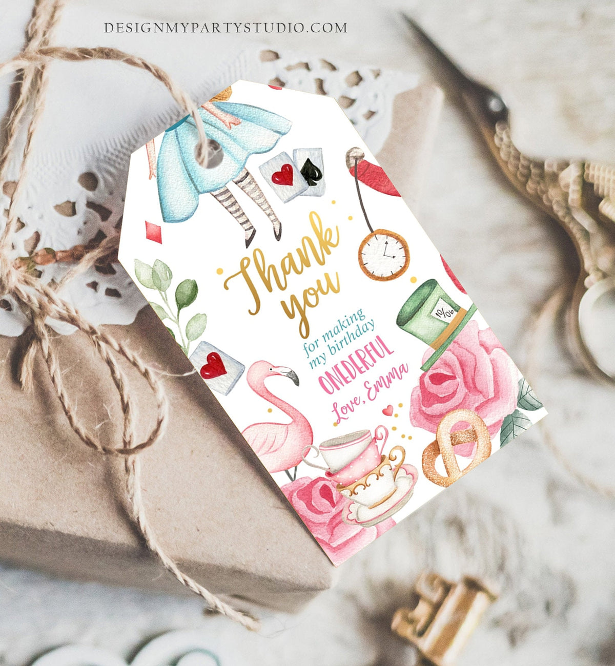 Editable Alice in Wonderland Favor Tags Alice in Onederland Thank You Tags Girl 1st Birthday Tea Party Gift Tag Digital Corjl Template 0350