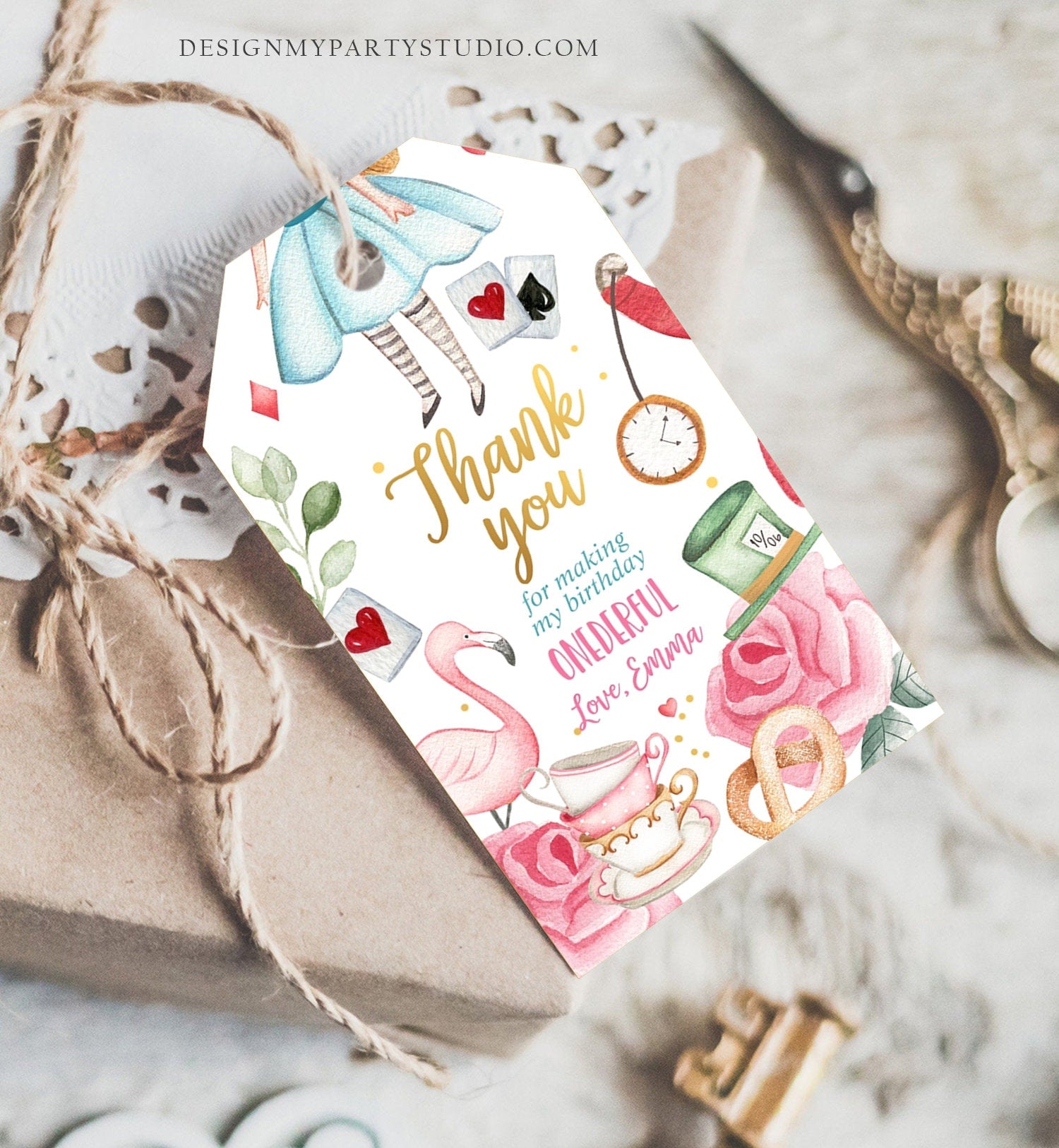 Editable Alice in Wonderland Favor Tags Alice in Onederland Thank You Tags Girl 1st Birthday Tea Party Gift Tag Digital Corjl Template 0350