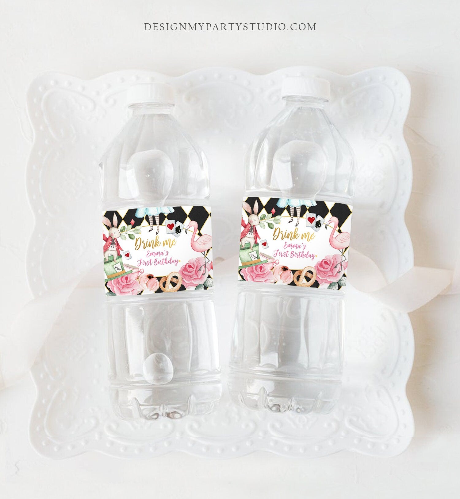 Editable Alice in Onederland Water Bottle Labels Alice Birthday Party Girl Pink Alice in Wonderland Download Printable Template Corjl 0350