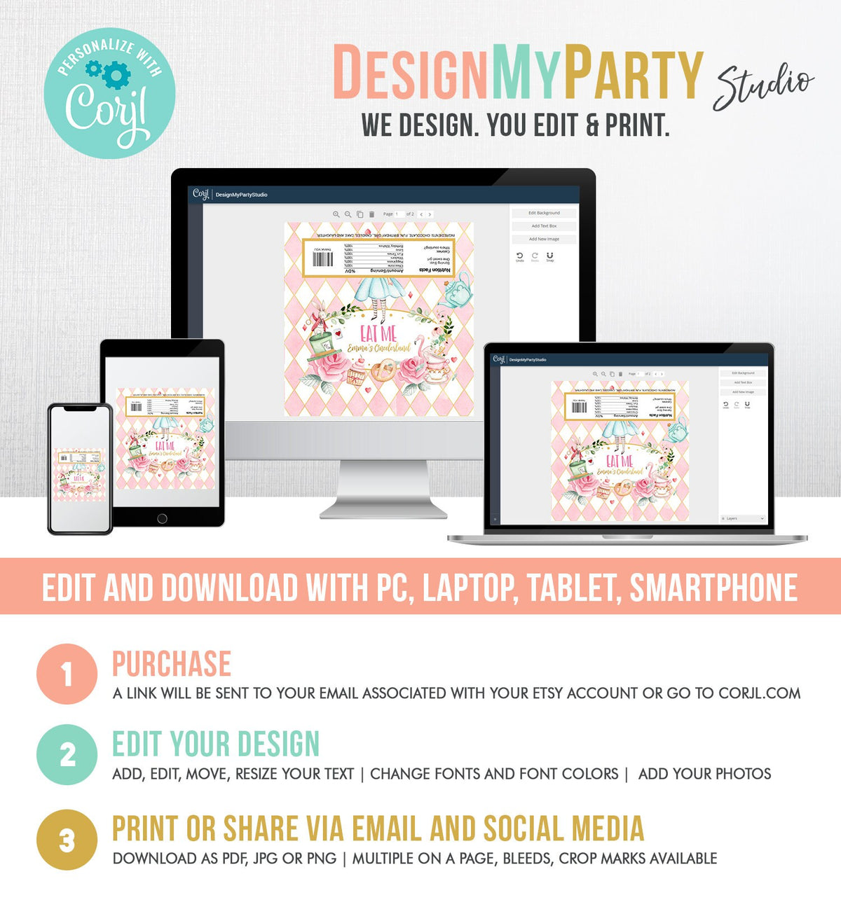 Editable Alice in Onederland Chocolate Bar Labels Candy Bar Wrapper Alice Wonderland Tea Party Floral Download Corjl Template Printable 0350