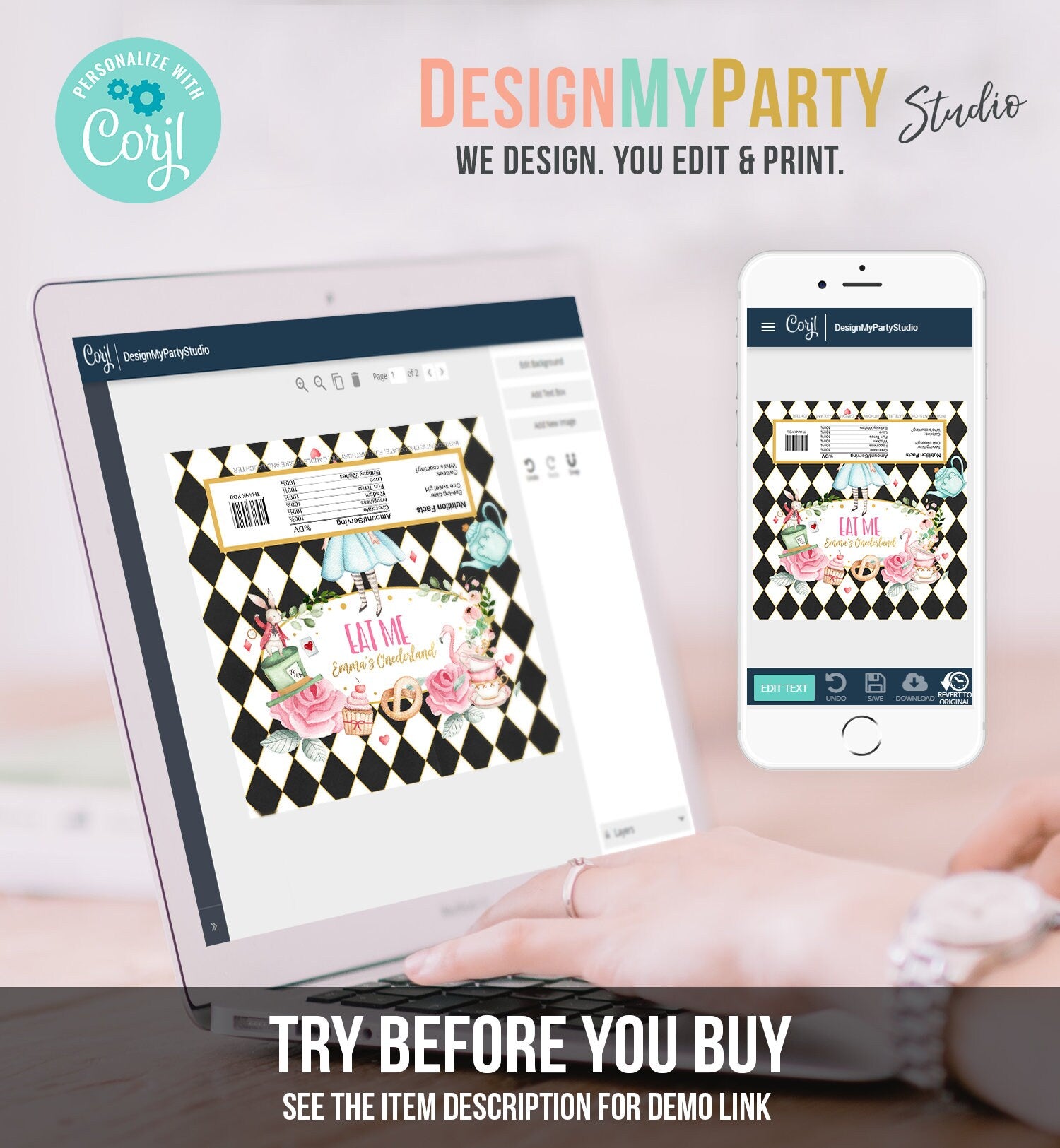 Editable Alice in Onederland Chocolate Bar Labels Candy Bar Wrapper Alice Wonderland Tea Party Floral Download Corjl Template Printable 0350