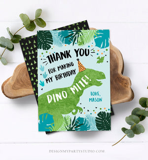 Editable Dinosaur Thank You Card Birthday Boy Black Green Gold Dino Party T-Rex Photo Download Printable Corjl Template Digital 0389