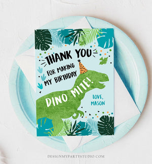 Editable Dinosaur Thank You Card Birthday Boy Black Green Gold Dino Party T-Rex Photo Download Printable Corjl Template Digital 0389