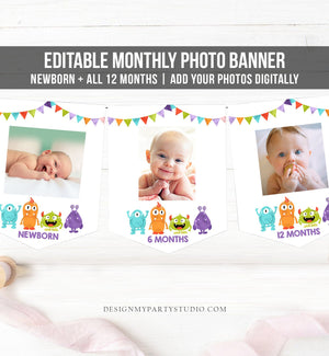 Editable Little Monsters First Birthday Banner Monthly Photo Banner Monster Bash Birthday Confetti Download PRINTABLE Corjl Template 0058