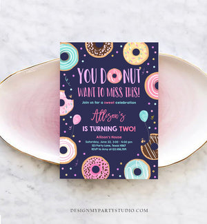 Editable Donut Want To Miss This Birthday Invitation Sweet Party Pink Gold Girl Doughnut Sweet One Download Corjl Template Printable 0343