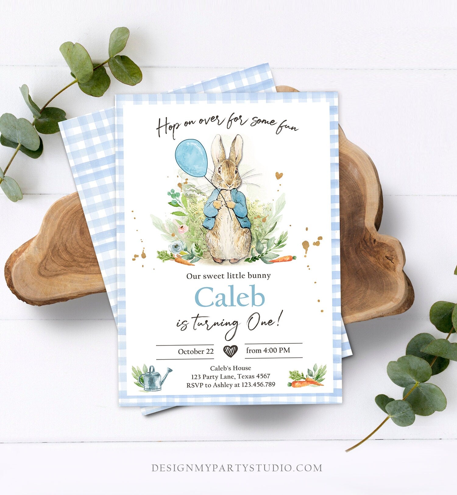 Editable Peter Rabbit Birthday Invitation Boy Blue Rustic Peter Rabbit First Birthday Hop On Over Watercolor Corjl Template Printable 0351