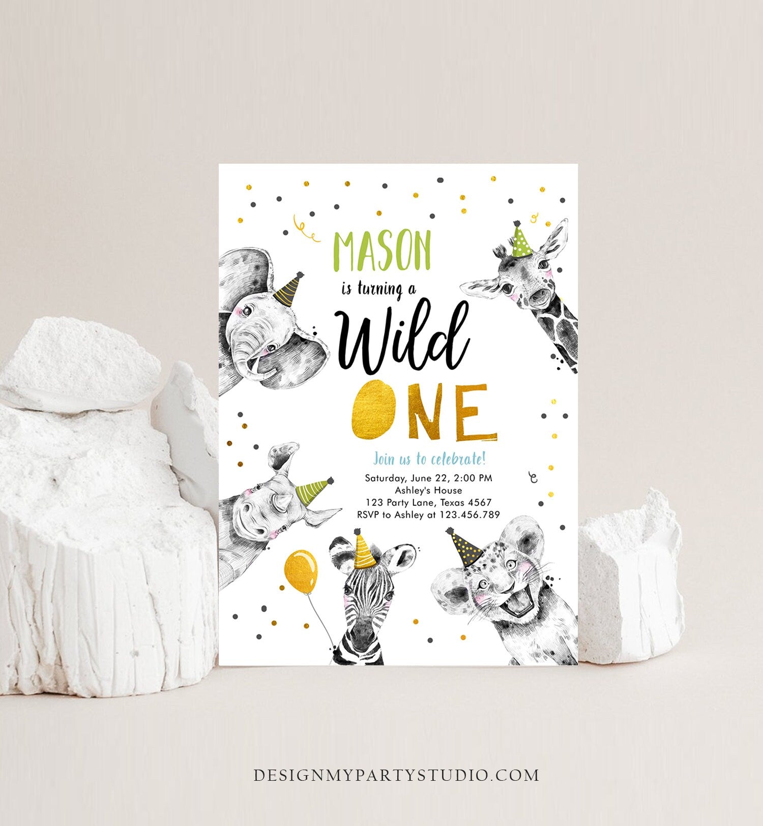 Editable Wild One Birthday Invitation Safari Animals Party Animals Boy Green Gold First Birthday 1st Confetti Corjl Template Printable 0390