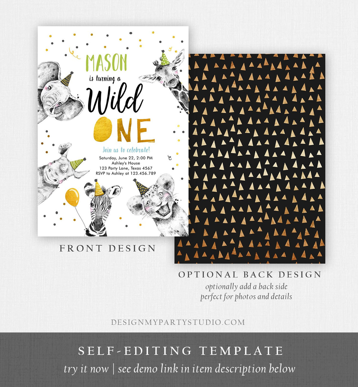 Editable Wild One Birthday Invitation Safari Animals Party Animals Boy Green Gold First Birthday 1st Confetti Corjl Template Printable 0390
