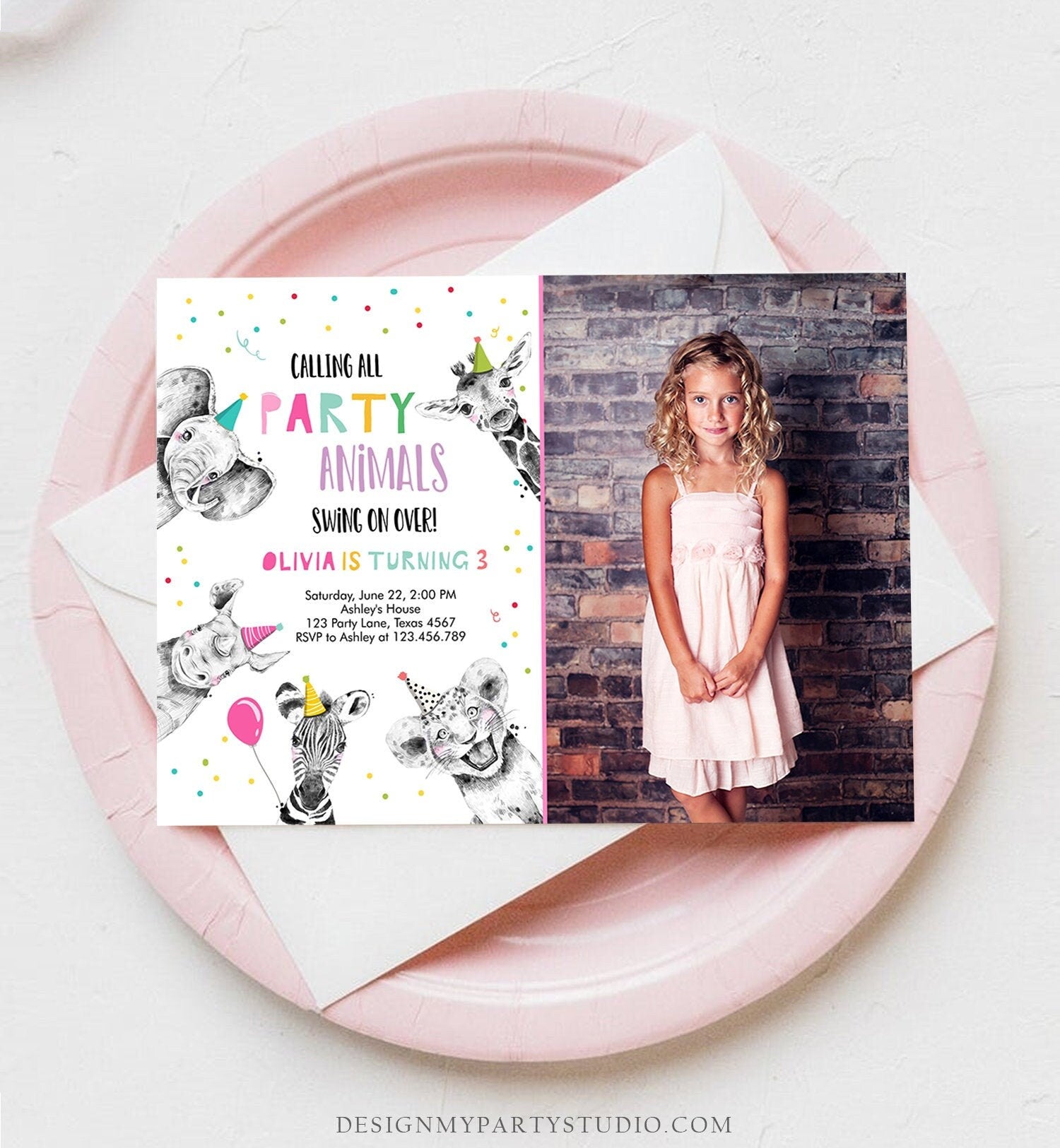 Editable Party Animals Birthday Invitation Wild One Animals Invitation Zoo Safari Animals Girl Download Printable Invite Template Corjl 0390